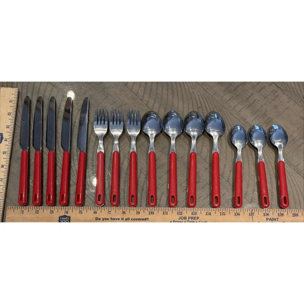 Vintage Stainless steele Flatware spoon fork knife RED HANDLES set retro